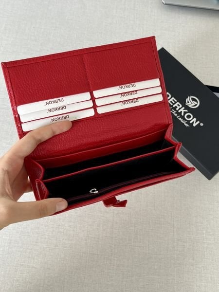 Derkon DIŞTAN PATLI KİBAR HAKİKİ DERİ Kırmızı KADIN CÜZDANI
