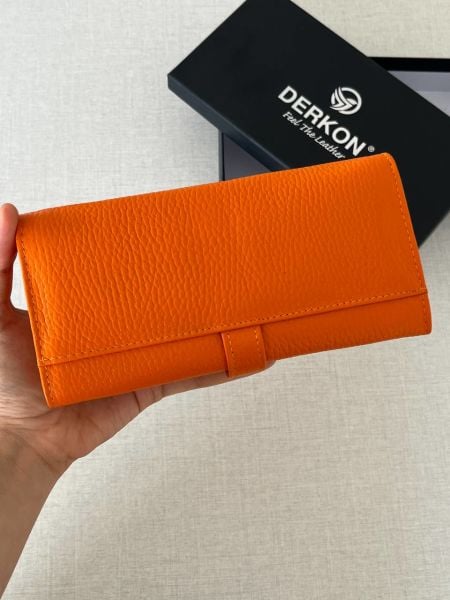 Derkon Dıştan Patlı Kibar Hakiki Deri Turuncu Kadın Cüzdanı