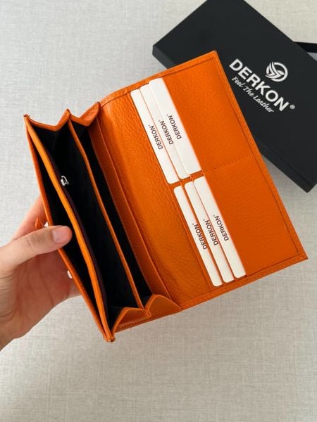 Derkon Dıştan Patlı Kibar Hakiki Deri Turuncu Kadın Cüzdanı