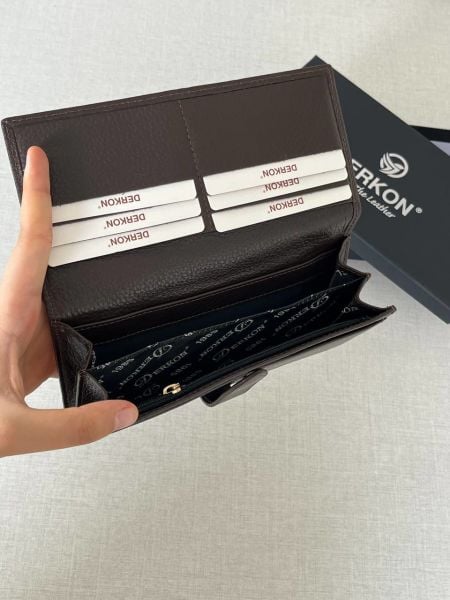 Derkon Dıştan Patlı Kibar Hakiki Deri Kahverengi Kadın Cüzdanı