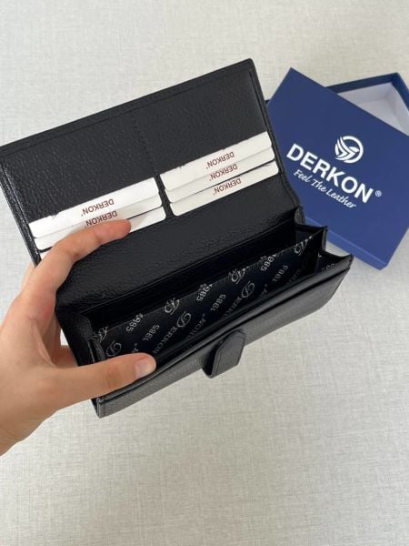 Derkon Dıştan Patlı Kibar Hakiki Deri Siyah Kadın Cüzdanı