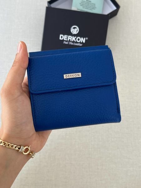 Derkon Juno Hakiki Deri Mini Saks Mavi Cüzdan