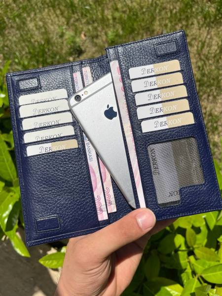 Mıknatıslı Telefon Bölmeli Hakiki Deri Cüzdan Lacivert