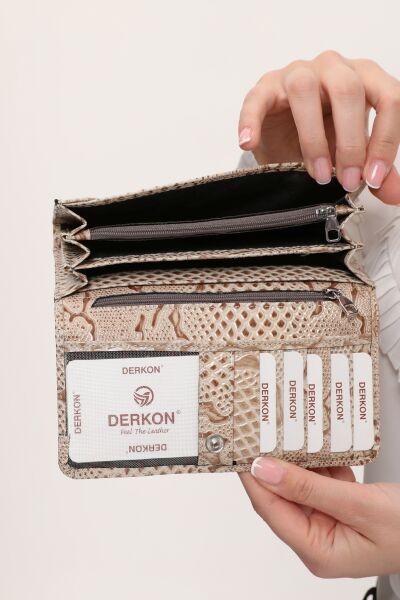 Derkon Timsah Desenli Kullanışlı Hakiki Deri Kadın Cüzdanı krem