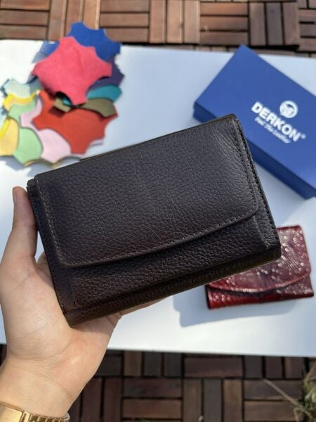 Yeni Model Hakiki Deri Kadın Cüzdanı Kahverengi