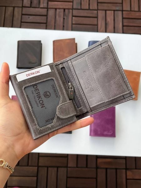 Derkon Monaco Hakiki Crazy Deri Cüzdanı Gri