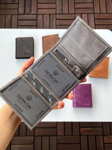 Derkon Monaco Hakiki Crazy Deri Cüzdanı Gri