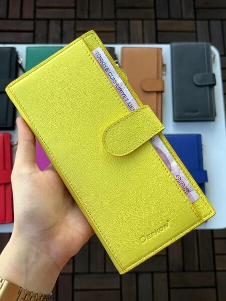 Derkon Telefon Bölmeli Noby Model Hakiki Deri  Sarı Cüzdan