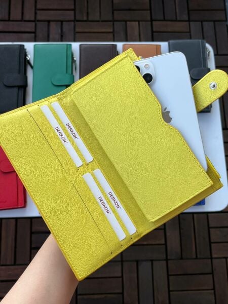 Derkon Telefon Bölmeli Noby Model Hakiki Deri  Sarı Cüzdan