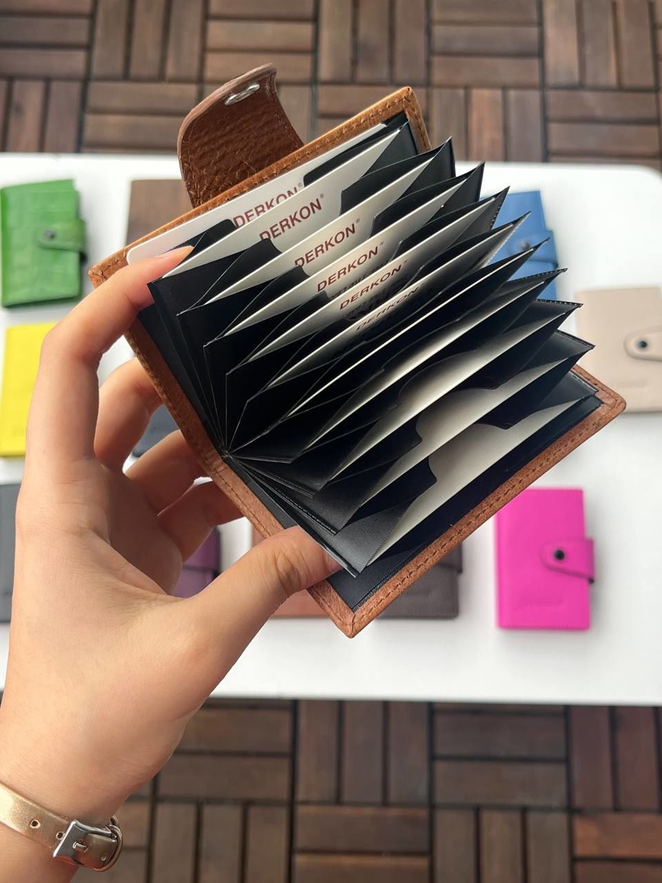 %100 Hakiki Deri Akordiyon Kartlık Vintage Açık Taba
