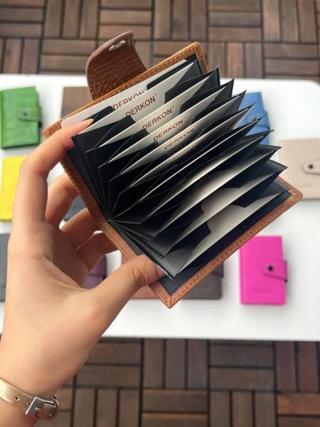 %100 Hakiki Deri Akordiyon Kartlık Vintage Açık Taba