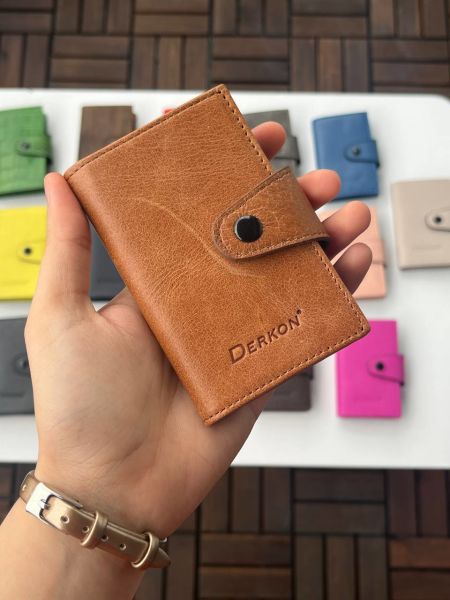 %100 Hakiki Deri Akordiyon Kartlık Vintage Açık Taba