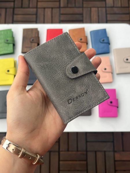 %100 Hakiki Deri Akordiyon Kartlık Crazy Gri renk
