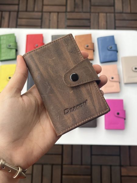 %100 Hakiki Deri Akordiyon Kartlık Crazy Taba