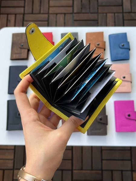 %100 Hakiki Deri Akordiyon Kartlık Sarı Renk