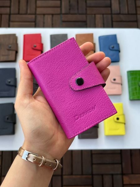 %100 Hakiki Deri Akordiyon Kartlık Pembe