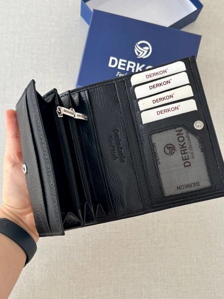 Derkon Mendy Model Kullanışlı Hakiki Deri Orta Boy Kadın Cüzdanı Siyah Renk