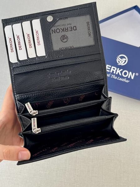 Derkon Mendy Model Kullanışlı Hakiki Deri Orta Boy Kadın Cüzdanı Siyah Renk