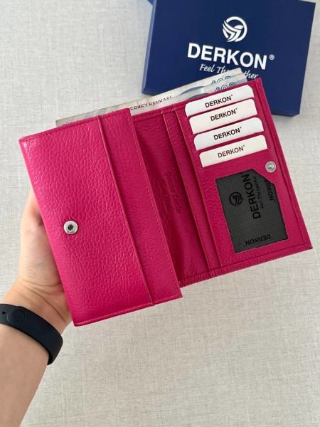 Derkon Mendy Model Kullanışlı Hakiki Deri Orta Boy Kadın Cüzdanı Pembe