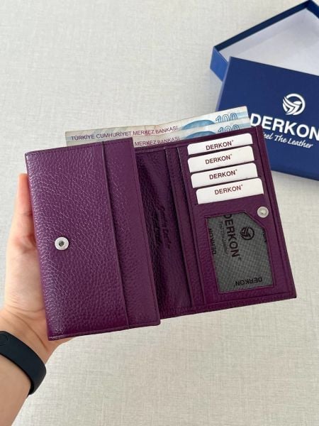 Derkon Mendy Model Kullanışlı Hakiki Deri Orta Boy Kadın Cüzdanı Mor