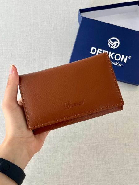 Derkon Mendy Model Kullanışlı Hakiki Deri Orta Boy Kadın Cüzdanı Taba