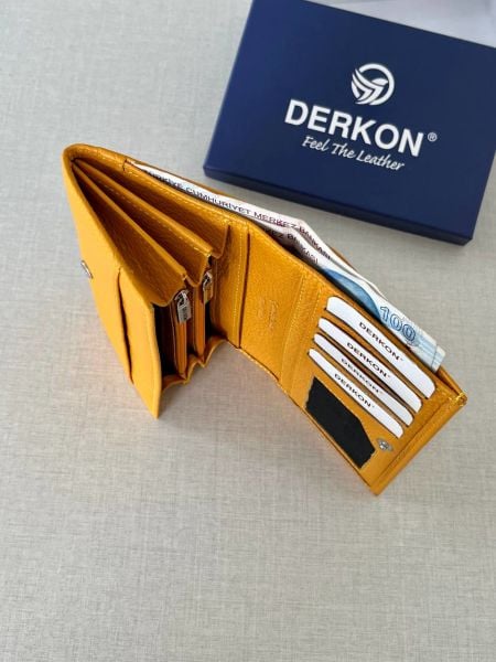Derkon Mendy Model Kullanışlı Hakiki Deri Orta Boy Kadın Cüzdanı Sarı