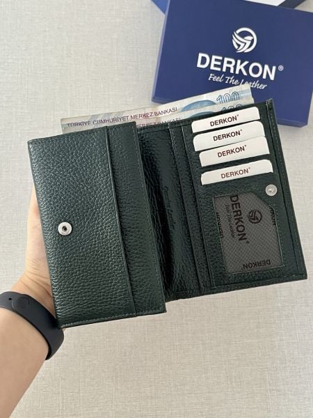 Derkon Mendy Model Kullanışlı Hakiki Deri Orta Boy Kadın Cüzdanı Yeşil