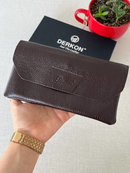 Derkon Natural Model Telefon Bölmeli Hakiki Deri Cüzdan Kahverengi