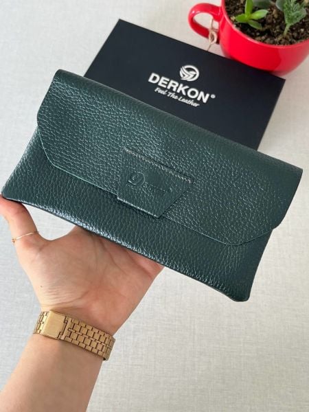 Derkon Natural Model Telefon Bölmeli Hakiki Deri Cüzdan Yeşil