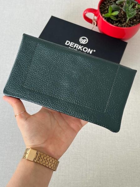Derkon Natural Model Telefon Bölmeli Hakiki Deri Cüzdan Yeşil
