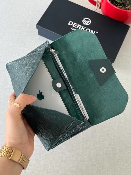 Derkon Natural Model Telefon Bölmeli Hakiki Deri Cüzdan Yeşil