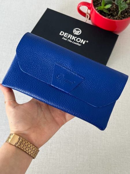 Derkon Natural Model Telefon Bölmeli Hakiki Deri Cüzdan Saks Mavisi