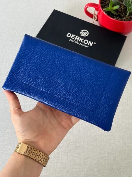 Derkon Natural Model Telefon Bölmeli Hakiki Deri Cüzdan Saks Mavisi