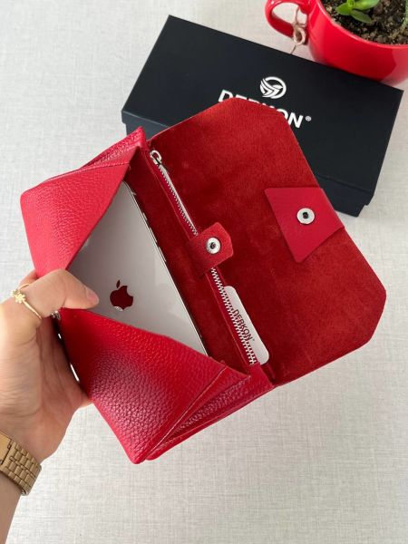 Derkon Natural Model Telefon Bölmeli Hakiki Deri Cüzdan Kırmızı