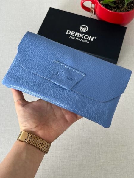 Derkon Natural Model Telefon Bölmeli Hakiki Deri Cüzdan Açık Mavi