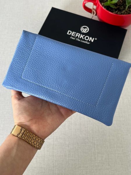 Derkon Natural Model Telefon Bölmeli Hakiki Deri Cüzdan Açık Mavi