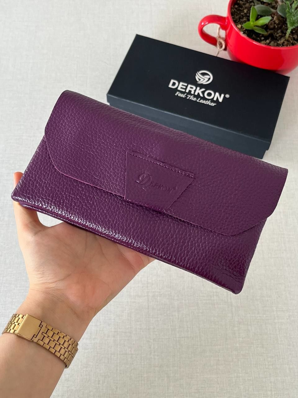 Derkon Natural Model Telefon Bölmeli Hakiki Deri Cüzdan Mor