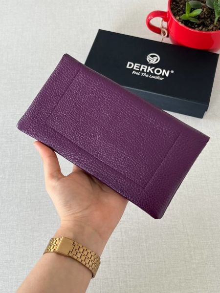 Derkon Natural Model Telefon Bölmeli Hakiki Deri Cüzdan Mor