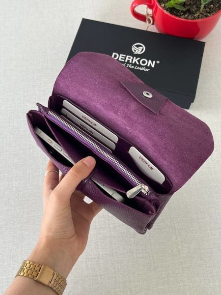 Derkon Natural Model Telefon Bölmeli Hakiki Deri Cüzdan Mor
