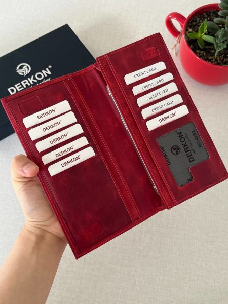 Mıknatıslı Telefon Bölmeli Crazy Hakiki Deri Cüzdan Kırmızı