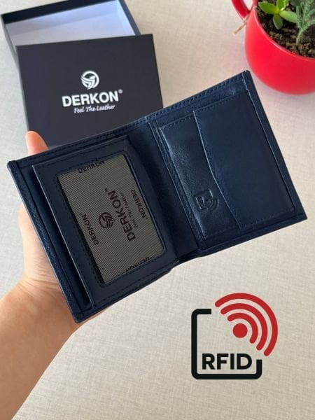 Derkon Rfid Korumalı Hakiki Deri  İçten Çıkmalı Erkek Cüzdanı Lacivert
