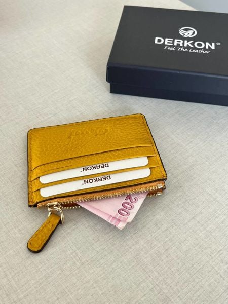 Derkon Hakiki Deri Bozuk Para Hazneli Fermuarlı Kadın Erkek Cüzdan Kartlık City Model Sarı