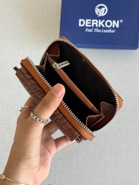 Derkon Nova Hakiki Deri Timsah Desenli Kadın Cüzdan Taba