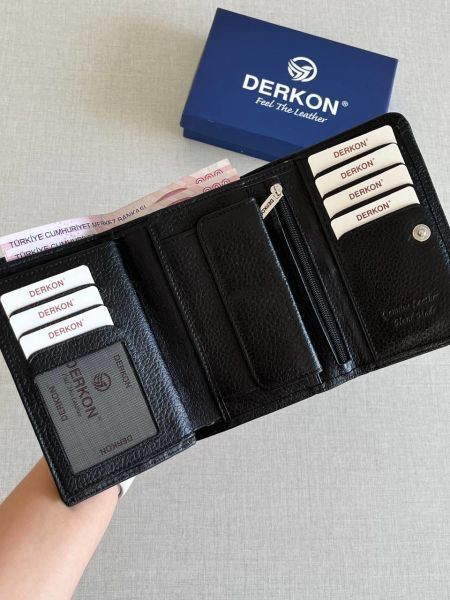 Derkon Violeta Model  Orta Boy Hakiki Deri Siyah Kadın Cüzdanı
