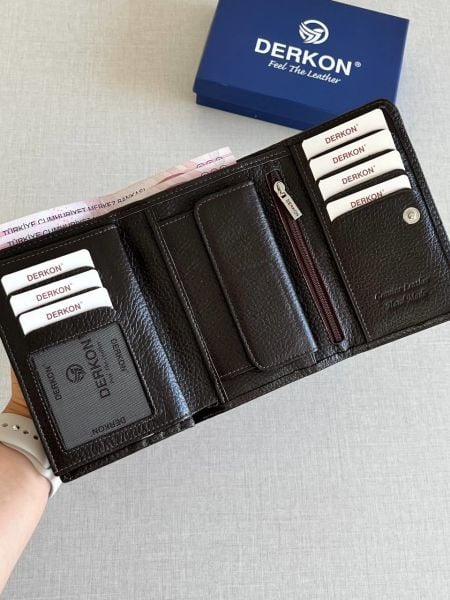 Derkon Violeta Model  Orta Boy Hakiki Deri Kahverengi Kadın Cüzdanı