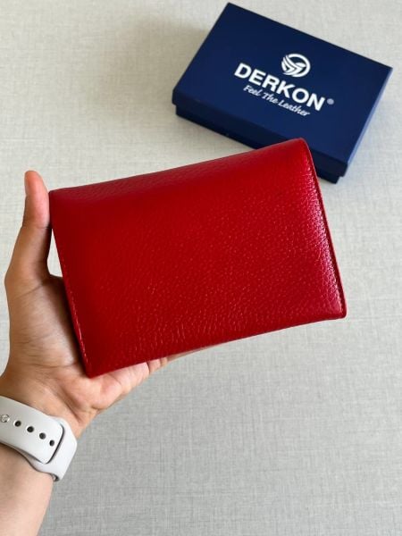 Derkon Violeta Model  Orta Boy Hakiki Deri Kırmızı Kadın Cüzdanı