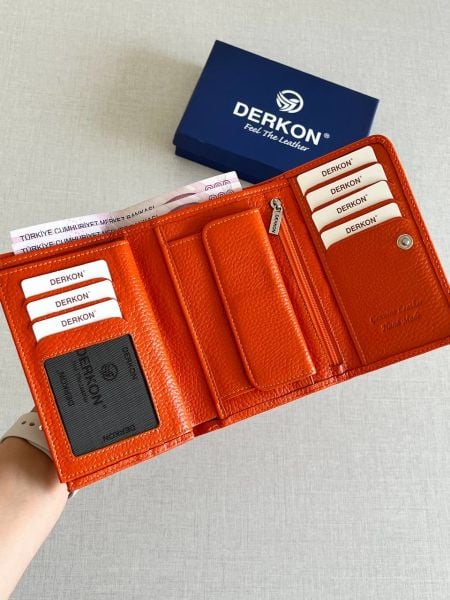 Derkon Violeta Model  Orta Boy Hakiki Deri Turuncu Kadın Cüzdanı