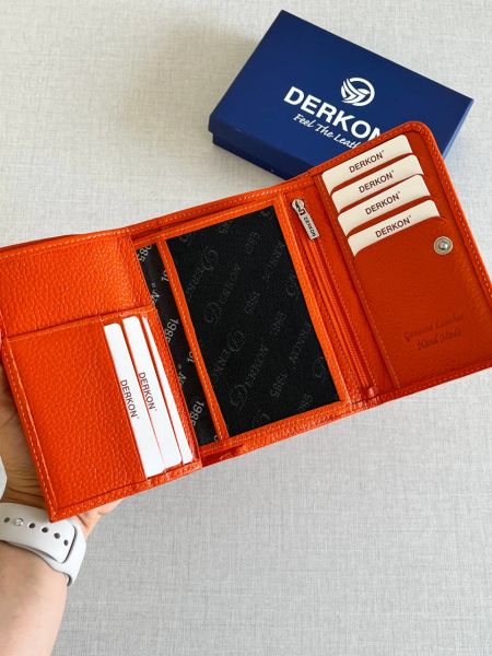Derkon Violeta Model  Orta Boy Hakiki Deri Turuncu Kadın Cüzdanı