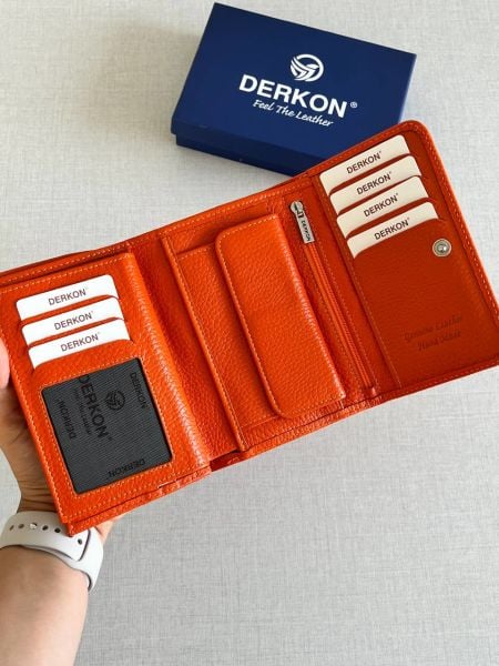Derkon Violeta Model  Orta Boy Hakiki Deri Turuncu Kadın Cüzdanı