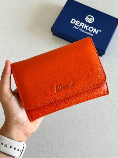 Derkon Violeta Model  Orta Boy Hakiki Deri Turuncu Kadın Cüzdanı